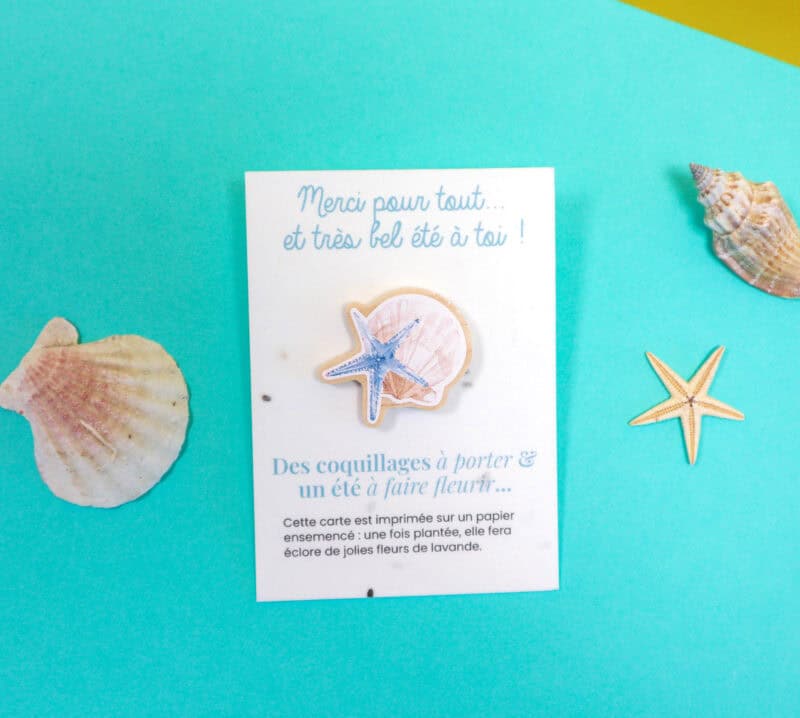 Carte à planter + Pin’s bois "Coquillage & Étoile de mer" - Cadeau fin d’année scolaire
