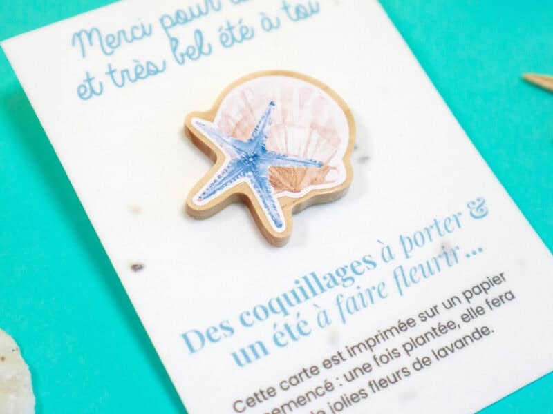 Carte à planter + Pin’s bois "Coquillage & Étoile de mer" - Cadeau fin d’année scolaire