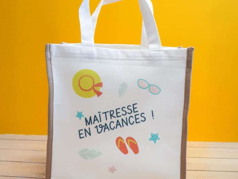 Sac cabas "En vacances !" Maîtresse, ATSEM, Nounou - Cadeau fin d’année scolaire, Cabas été, 2 tailles