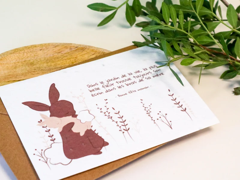 Carte à planter fête des mères avec illustration lapin maman et bébé