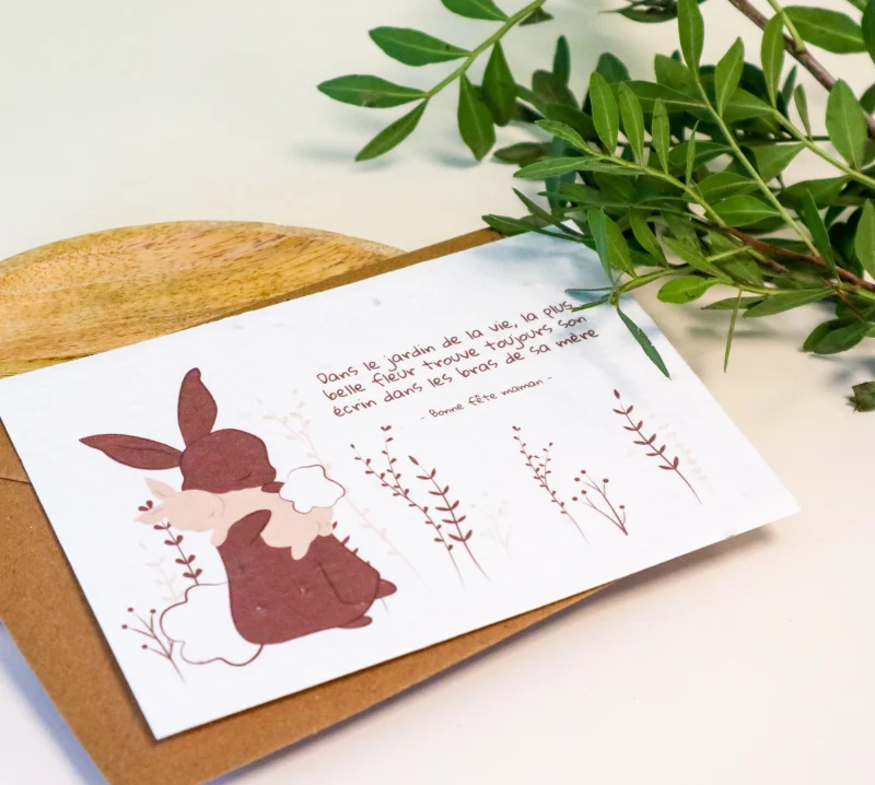 Carte à planter fête des mères avec illustration lapin maman et bébé