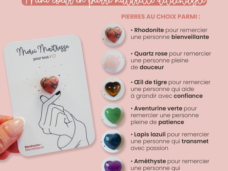 Pierres naturelles au choix pour mini cœur cadeau maîtresse Visuel présentant les différentes pierres naturelles disponibles pour les cartes mini cœur personnalisées