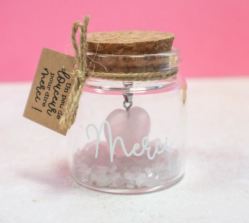 Petite fiole en verre avec pendentif cœur en quartz rose détachable