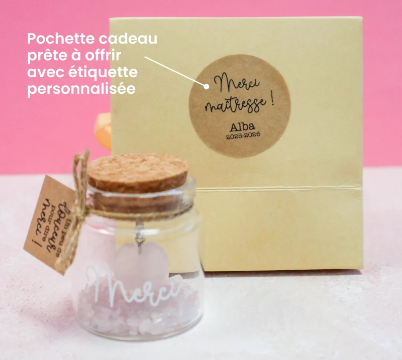Pochette cadeau personnalisée pour cadeau maîtresse avec fiole pierre naturelle