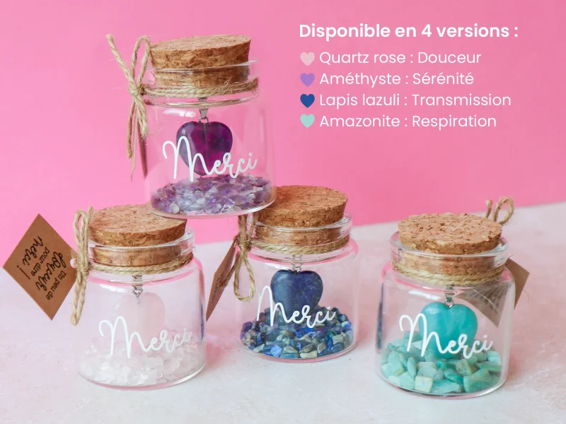 Fioles merci avec pendentifs cœurs en pierres naturelles quartz rose, améthyste, lapis lazuli et amazonite