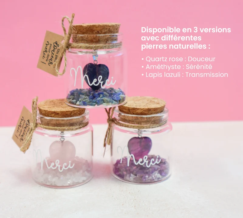 Fiole merci disponible en quartz rose, améthyste et lapis lazuli