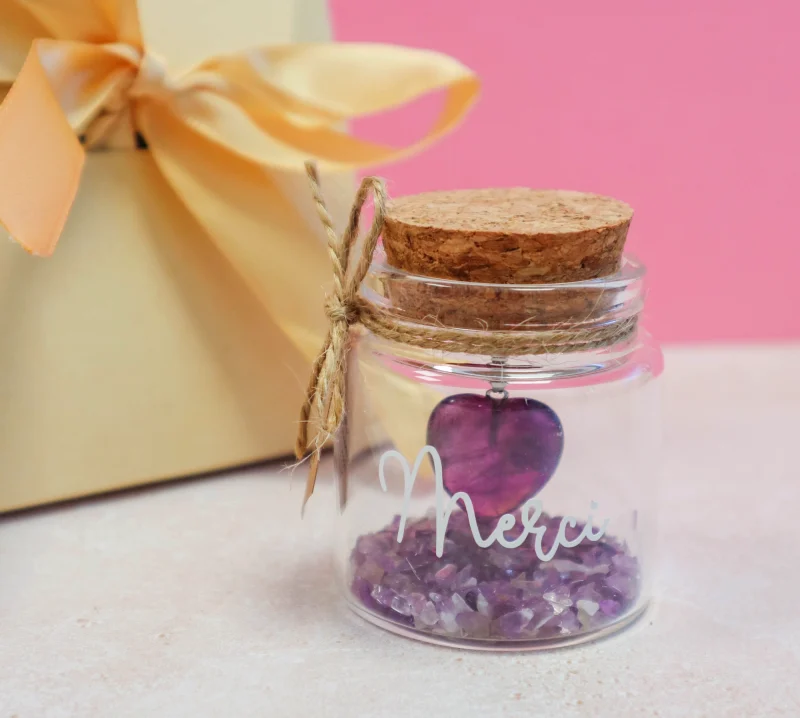 Fiole cadeau merci avec cœur en améthyste et éclats assortis