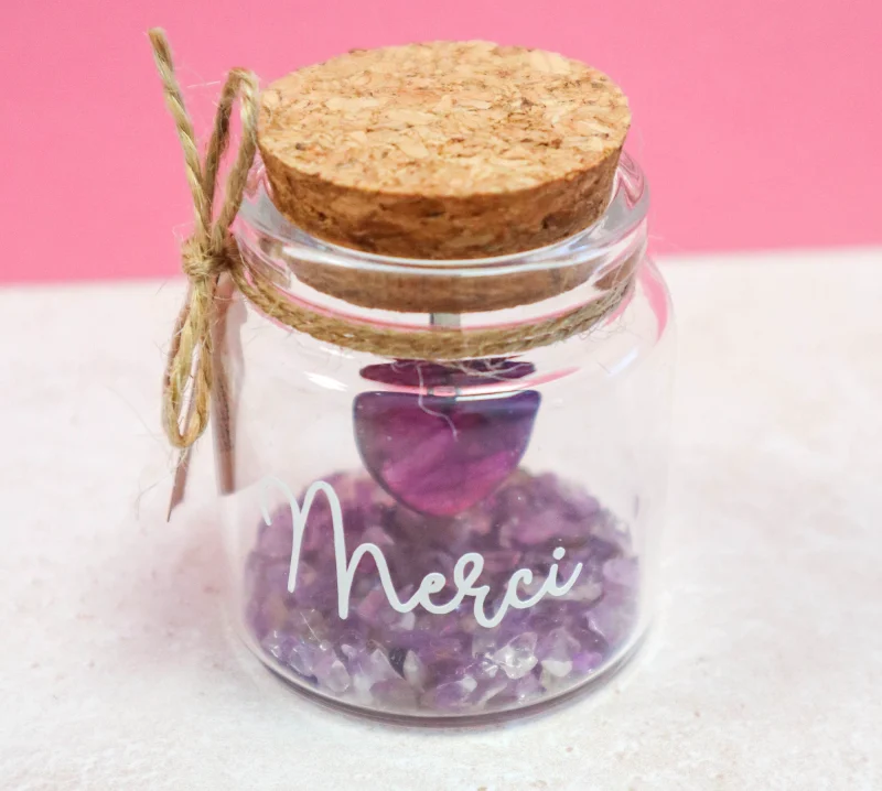 Fiole cadeau merci avec cœur en améthyste et éclats assortis