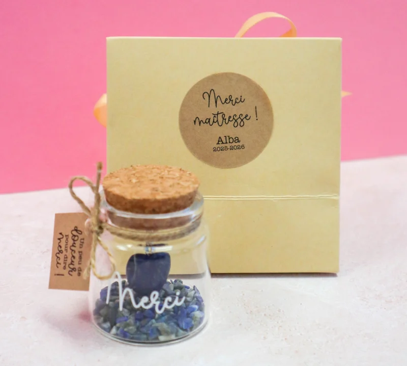 Fiole merci avec cœur en lapis lazuli et pochette cadeau personnalisée