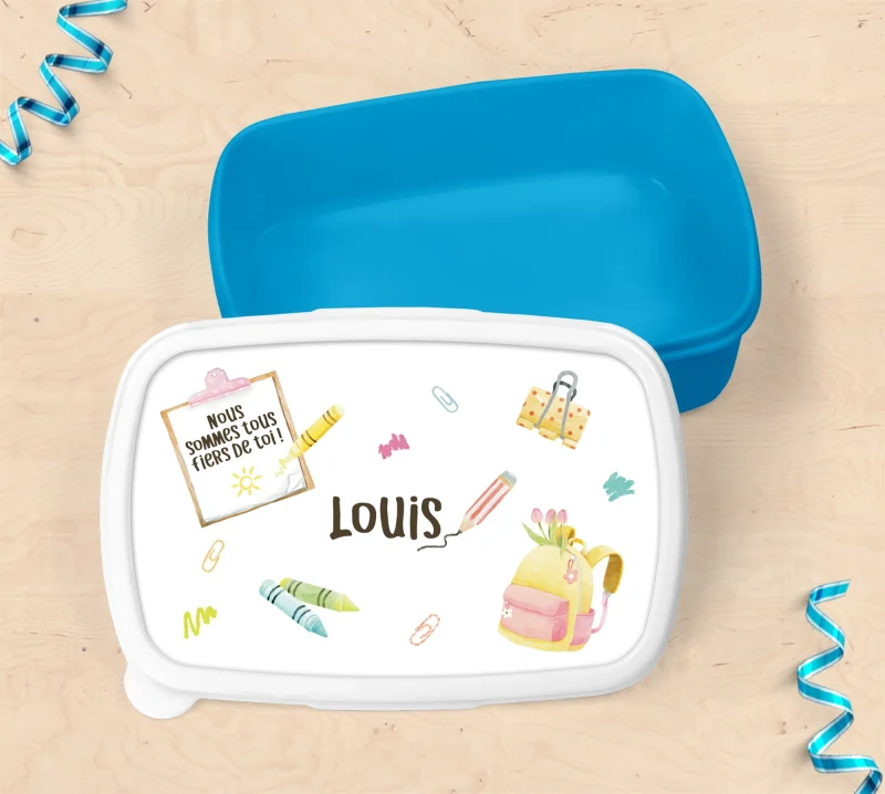 Boîte à goûter personnalisée bleue avec prénom enfant