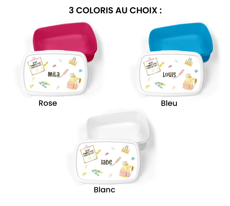 Boîte à goûter personnalisée enfant disponible en rose, bleu et blanc