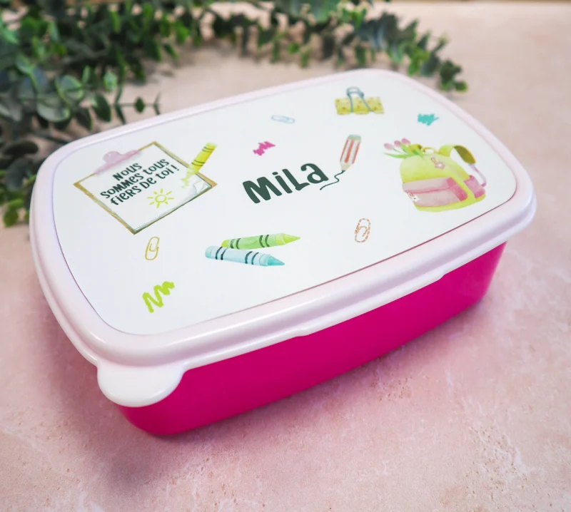 Boîte à goûter personnalisée enfant avec prénom et illustrations école