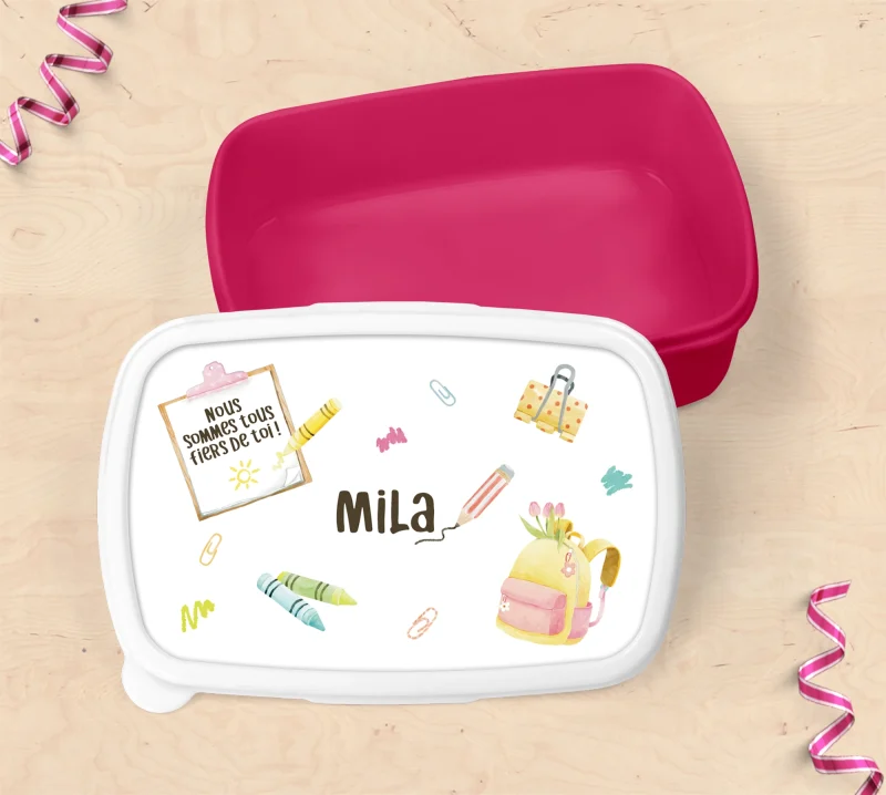 Boîte à goûter personnalisée rose avec prénom enfant