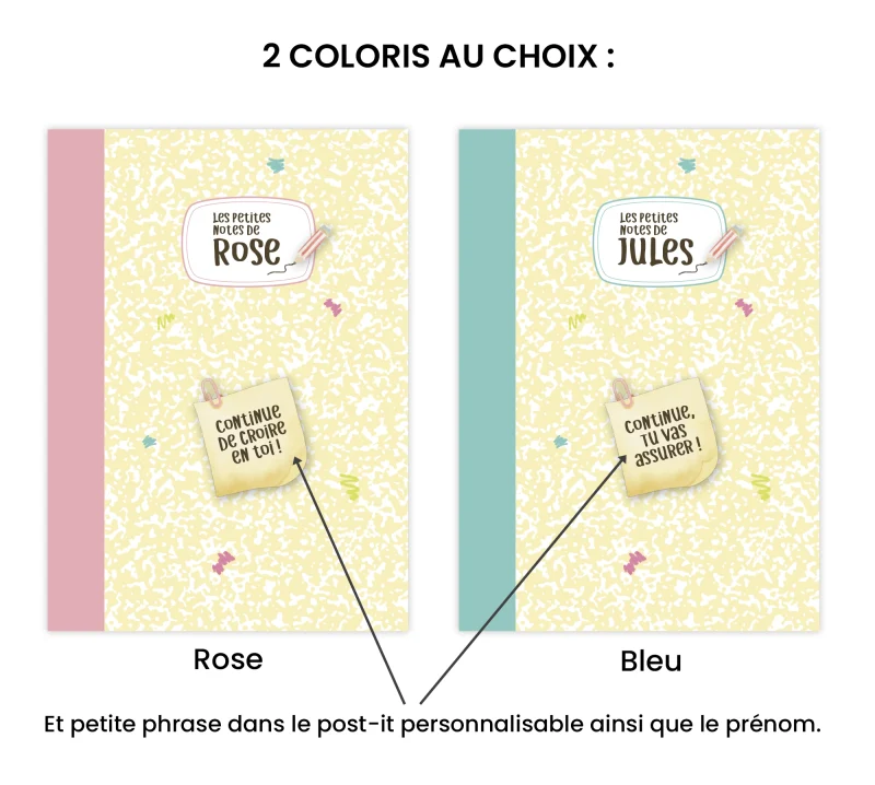 Carnet A5 personnalisé enfant disponible en rose ou bleu avec phrase personnalisable