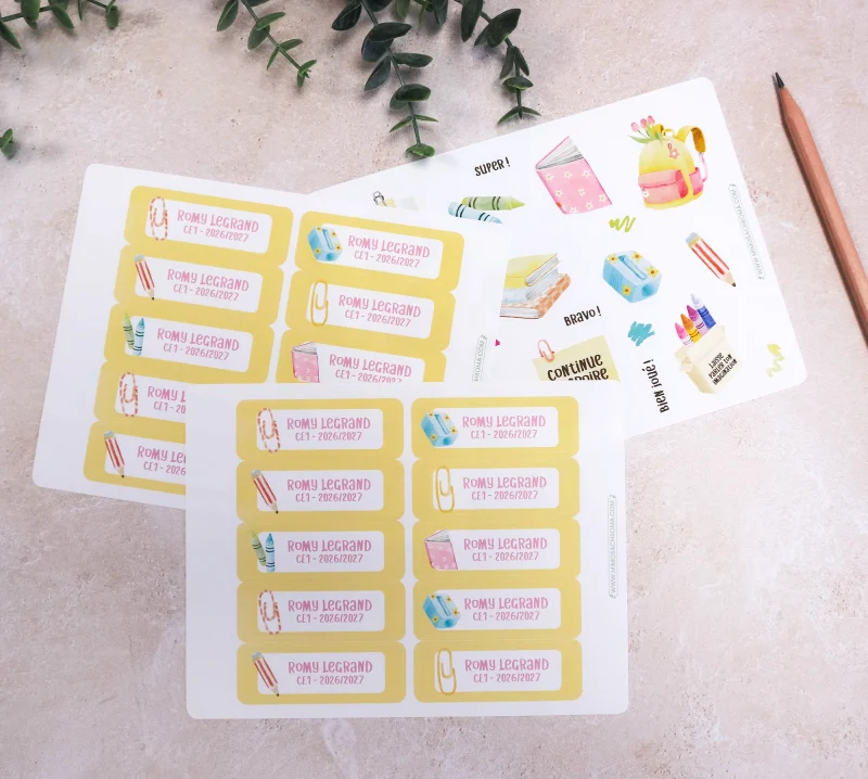 Lot d’étiquettes personnalisées pour fournitures scolaires – coloris rose