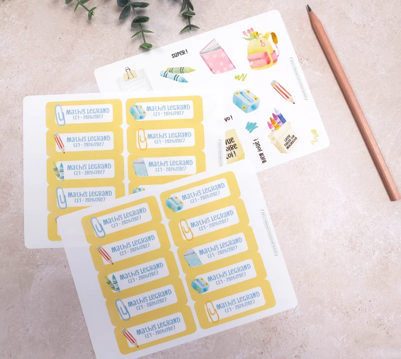 Lot d’étiquettes personnalisées pour fournitures scolaires – coloris bleu