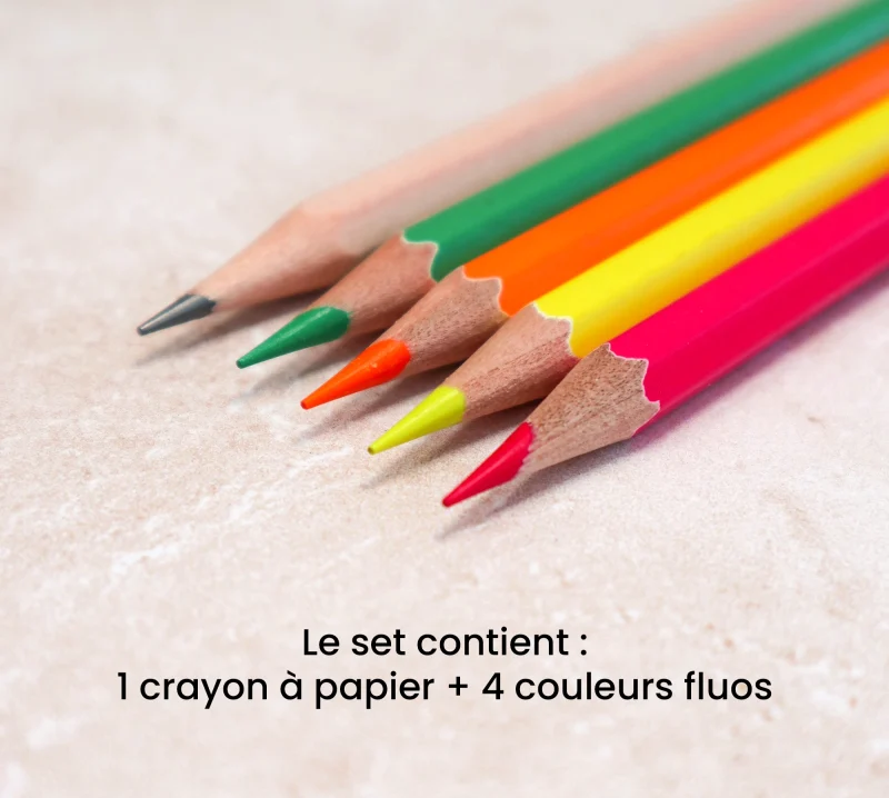 Set de crayons avec 1 crayon à papier et 4 crayons de couleur fluo